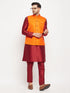 Vastramay Men's Orange Matka Silk Nehru Jacket With Maroon Silk Blend Kurta and Pant style Pyjama Set